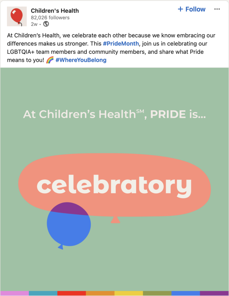 Children's Health social media post for Pride Month - Pride is celebratory